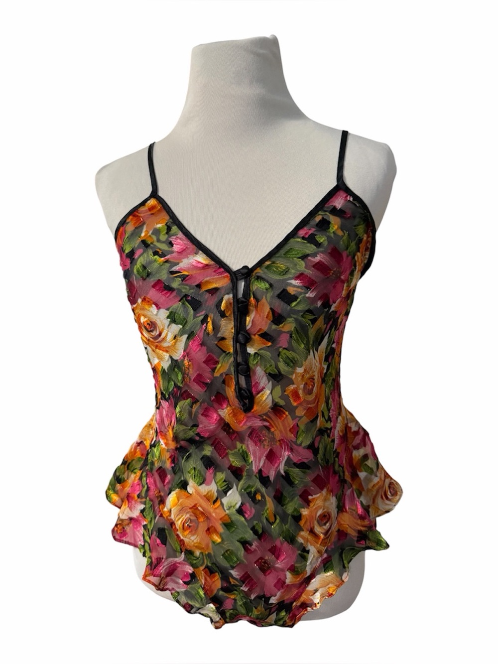 Vintage Victoria's Secret Sheer Floral Ruffle Peplum Bodysuit Teddy Sm 80s 90s